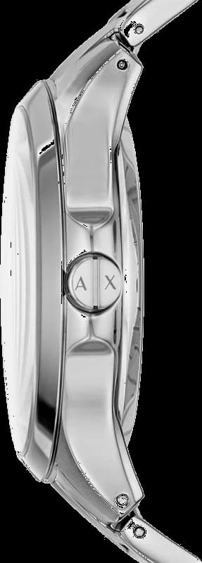 Cadran Armani Exchange AX2199 transparent laissant voir les rouages, aiguilles et index dorés, contraste élégant sur fond fumé