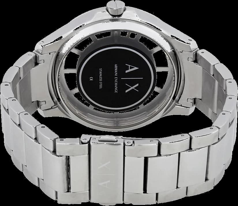 Boîtier Armani Exchange AX2199 en acier inoxydable brossé, lunette fine et lisse, verre minéral, profil épuré et sportif