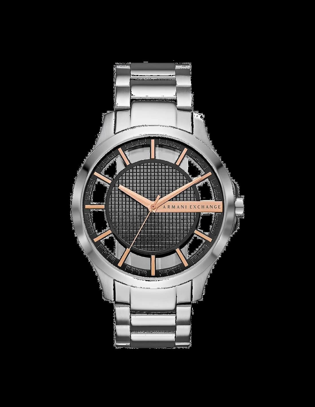 Montre Armani Exchange AX2199 au cadran transparent dévoilant le mécanisme, aiguilles dorées et index bâtons, style moderne et minimaliste