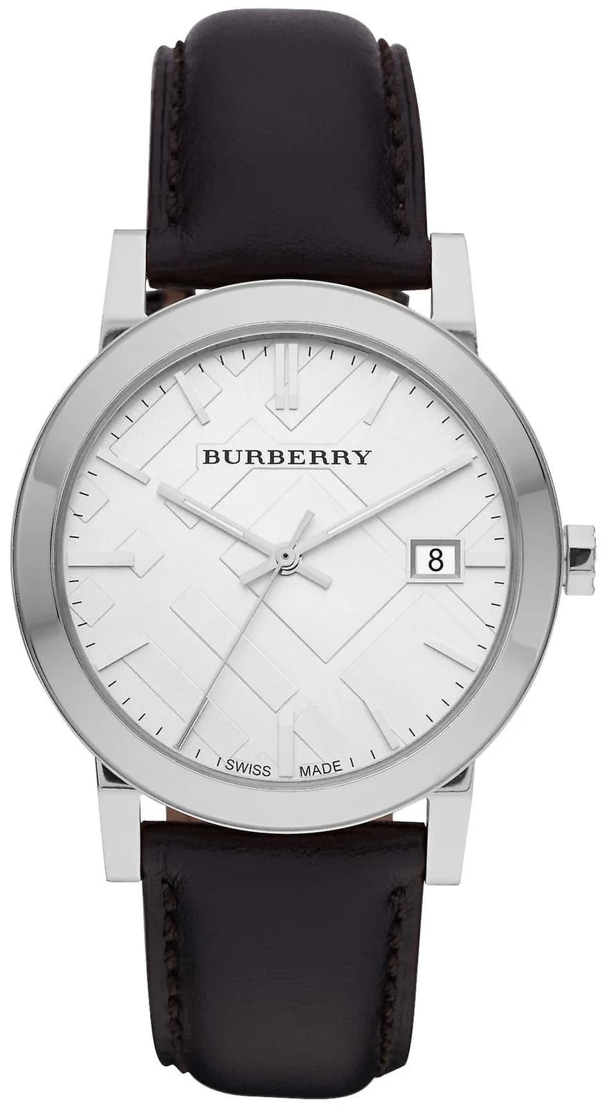 Montre homme Burberry BU9008, argent, cuir noir, motif check
