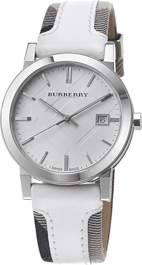 Montre homme Burberry BU9019, cadran blanc, bracelet cuir blanc, design classique