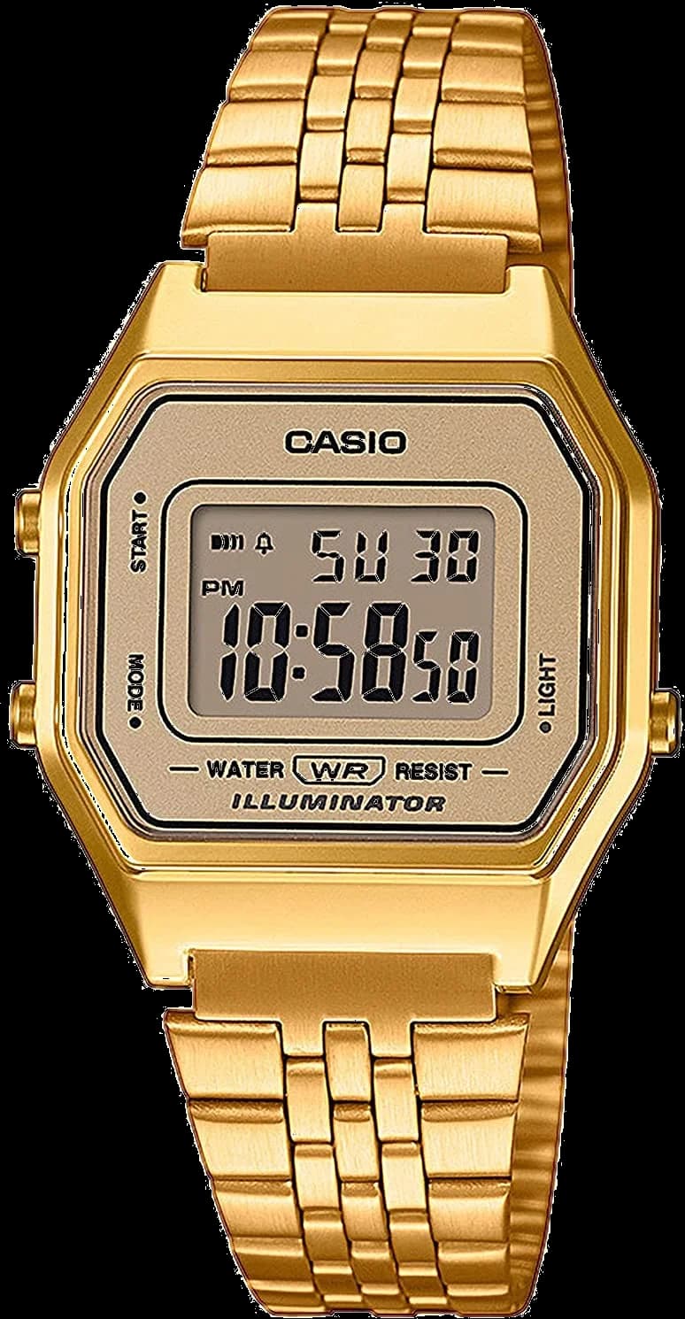 Montre unisexe Casio LA680WEGA-9EF, digitale rétro avec boîtier doré et bracelet acier