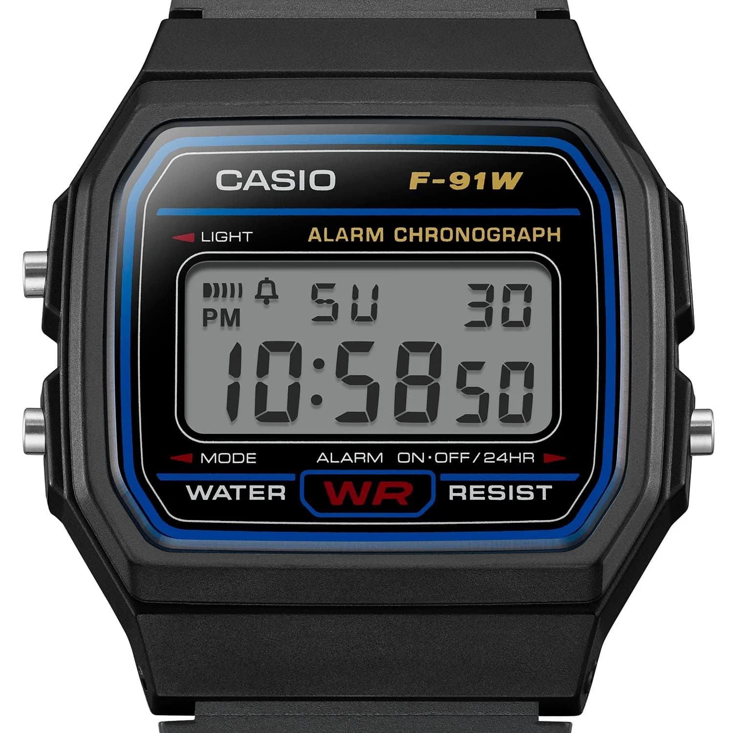 Profil de la montre Casio F-91W-1YEF, boîtier noir
