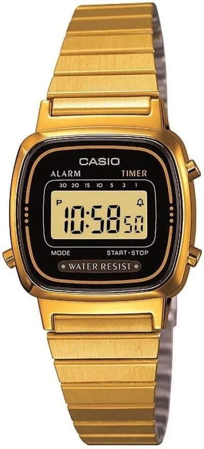 Montre femme Casio LA670WEGA-1EF, noir carré digital sur bracelet acier doré