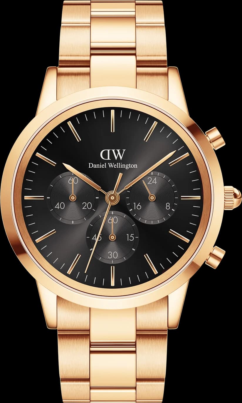 Montre homme Daniel Wellington 109929, cadran noir, bracelet acier doré rose