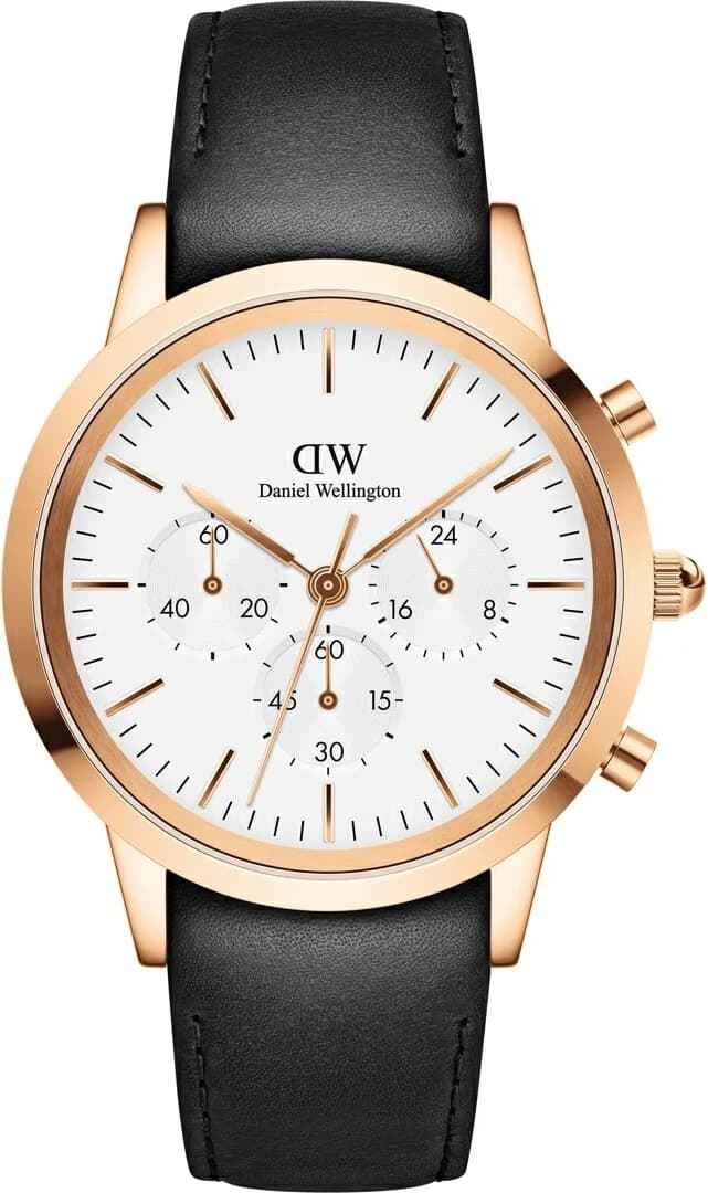 Montre homme Daniel Wellington DW00100646, cadran blanc, cuir noir, chronographe