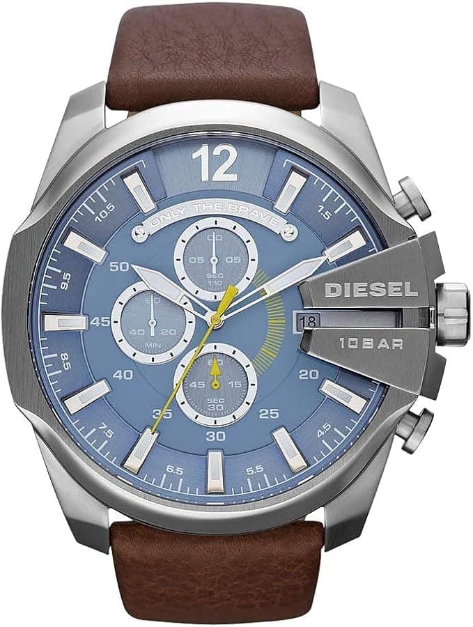 Montre homme Diesel DZ4281, Mega Chief, cadran bleu, bracelet cuir marron