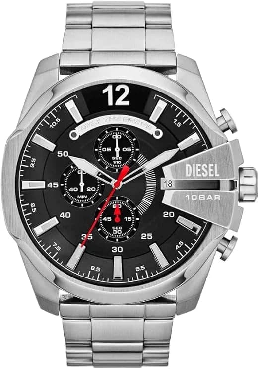Montre homme Diesel DZ4308, Mega Chief, cadran noir, bracelet acier argenté