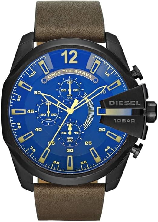 Montre homme Diesel DZ4401, cadran noir, bracelet cuir marron, style décontracté