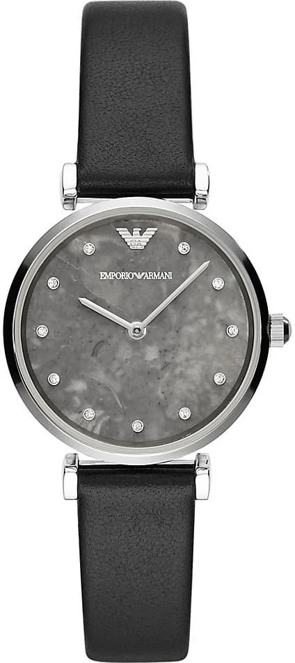 Montre femme Emporio Armani AR11171, cadran gris, bracelet cuir noir, cristaux