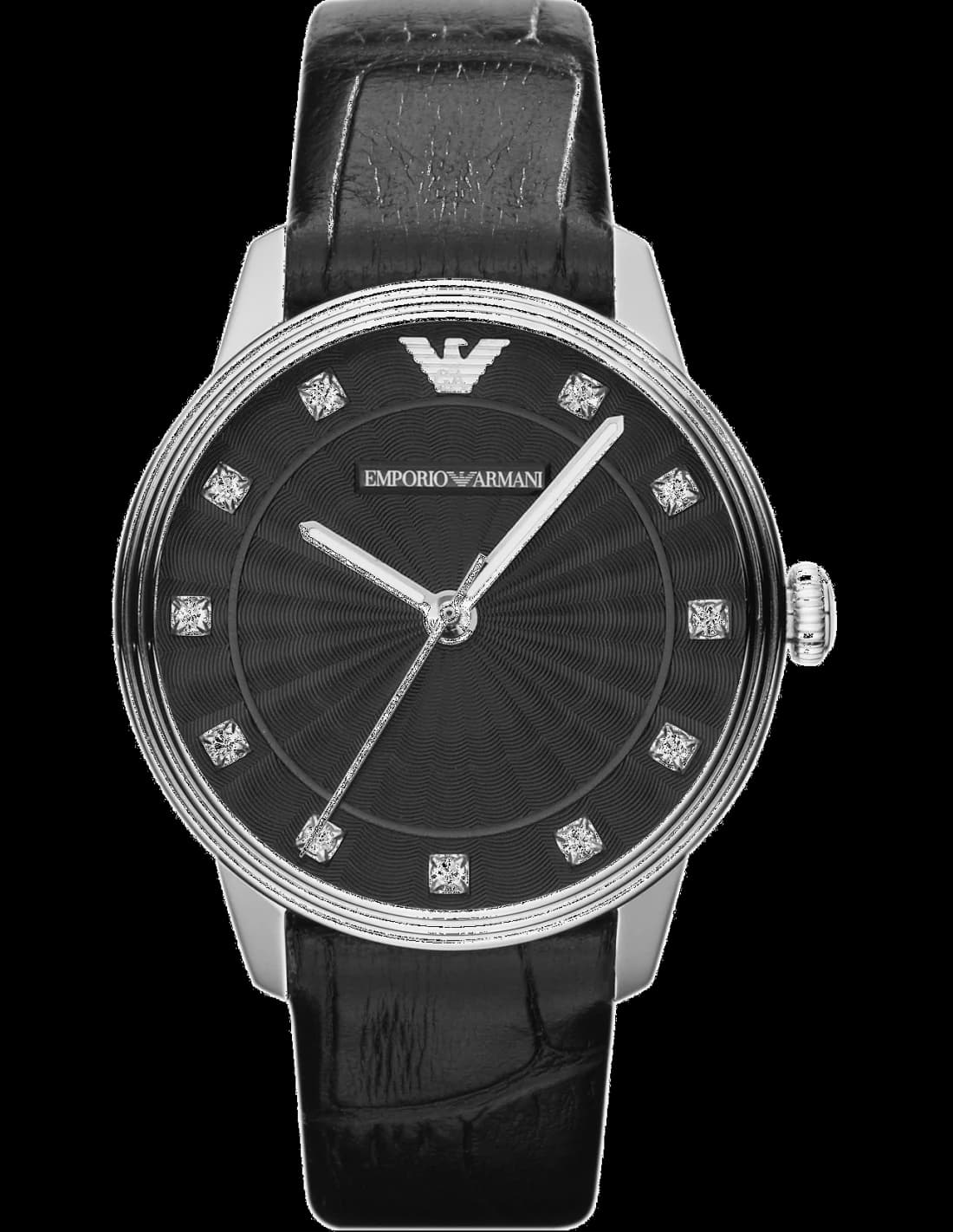 Montre femme Emporio Armani AR1618, cadran noir, bracelet cuir crocodile strass