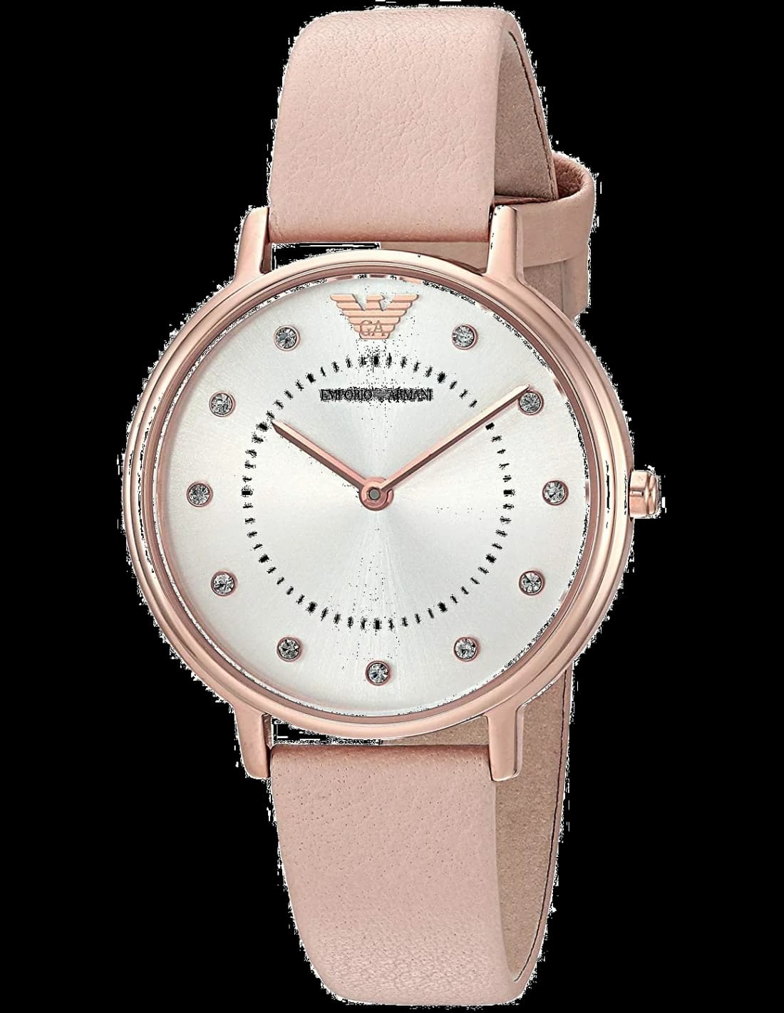 Montre femme Emporio Armani AR2510, cadran argent, bracelet cuir nude, boîtier or rose