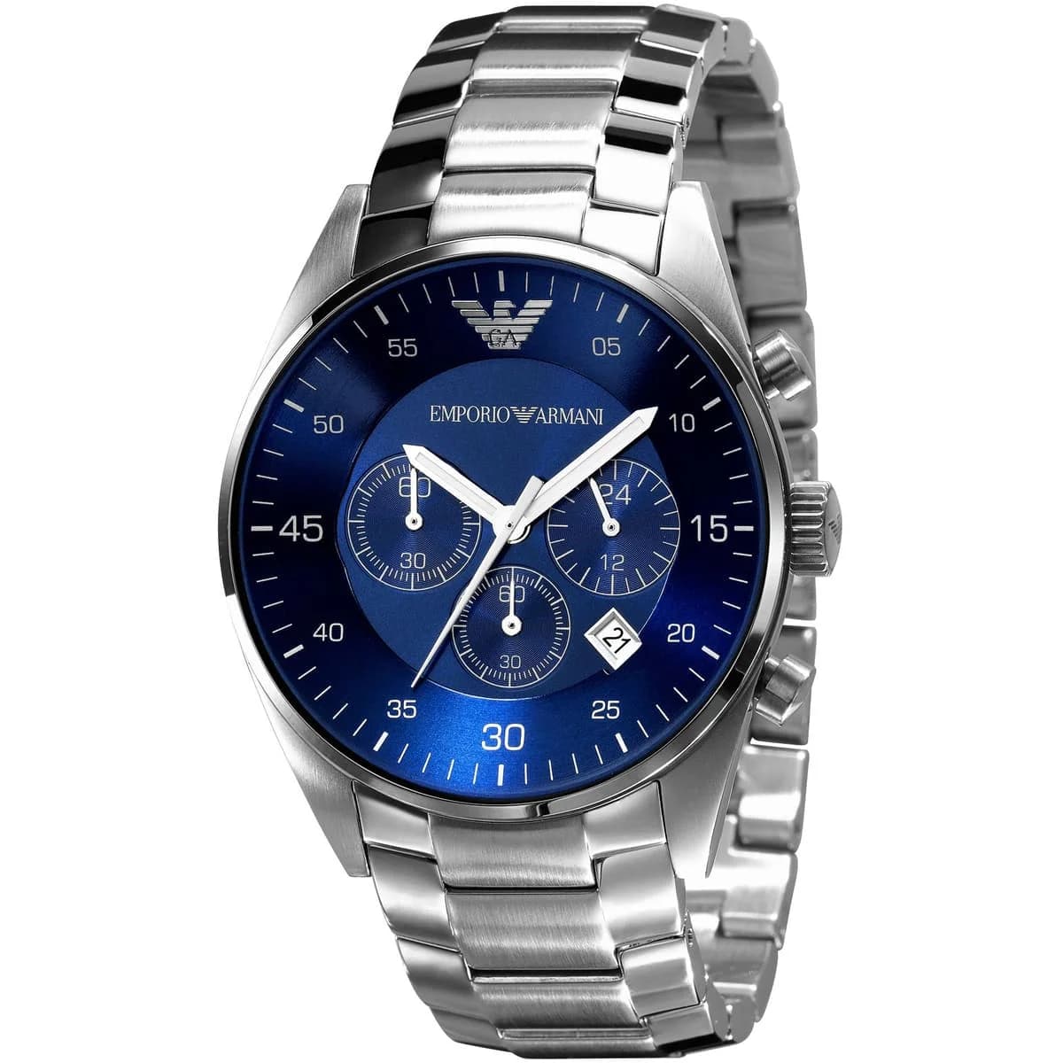Montre Emporio Armani AR5860 au cadran bleu soleil avec aiguilles argentées et index bâtons, style élégant et moderne