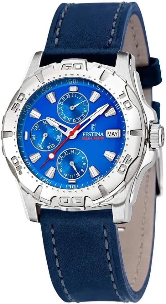 Montre homme Festina F16243/D, cadran bleu multifonction bracelet cuir