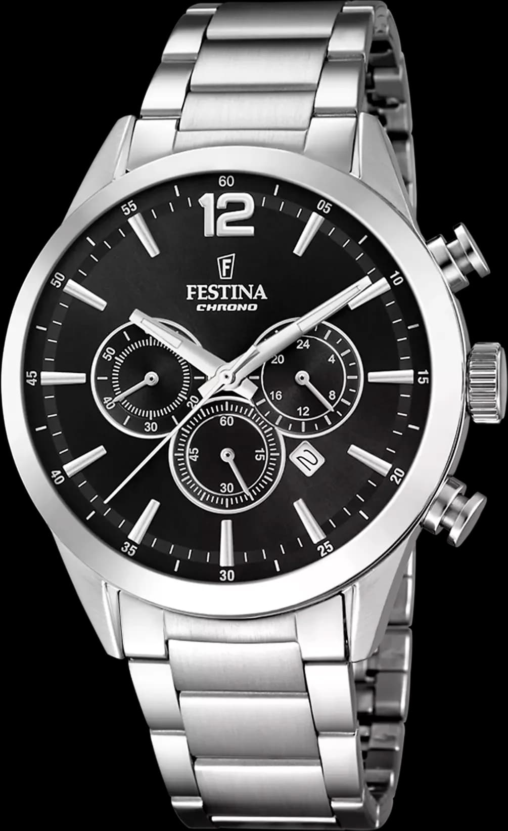 Montre homme Festina F20343/8, cadran noir avec fonctions jour-date, bracelet acier argenté