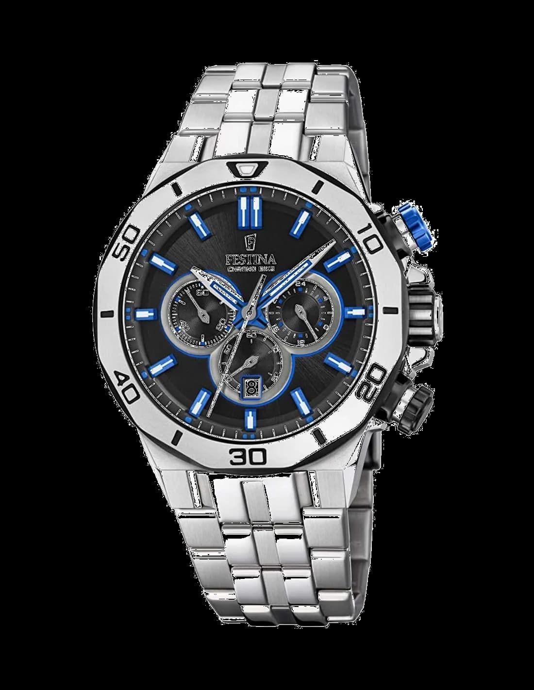 Montre homme Festina F20448/5, cadran noir soleil, bracelet acier brossé, chronographe