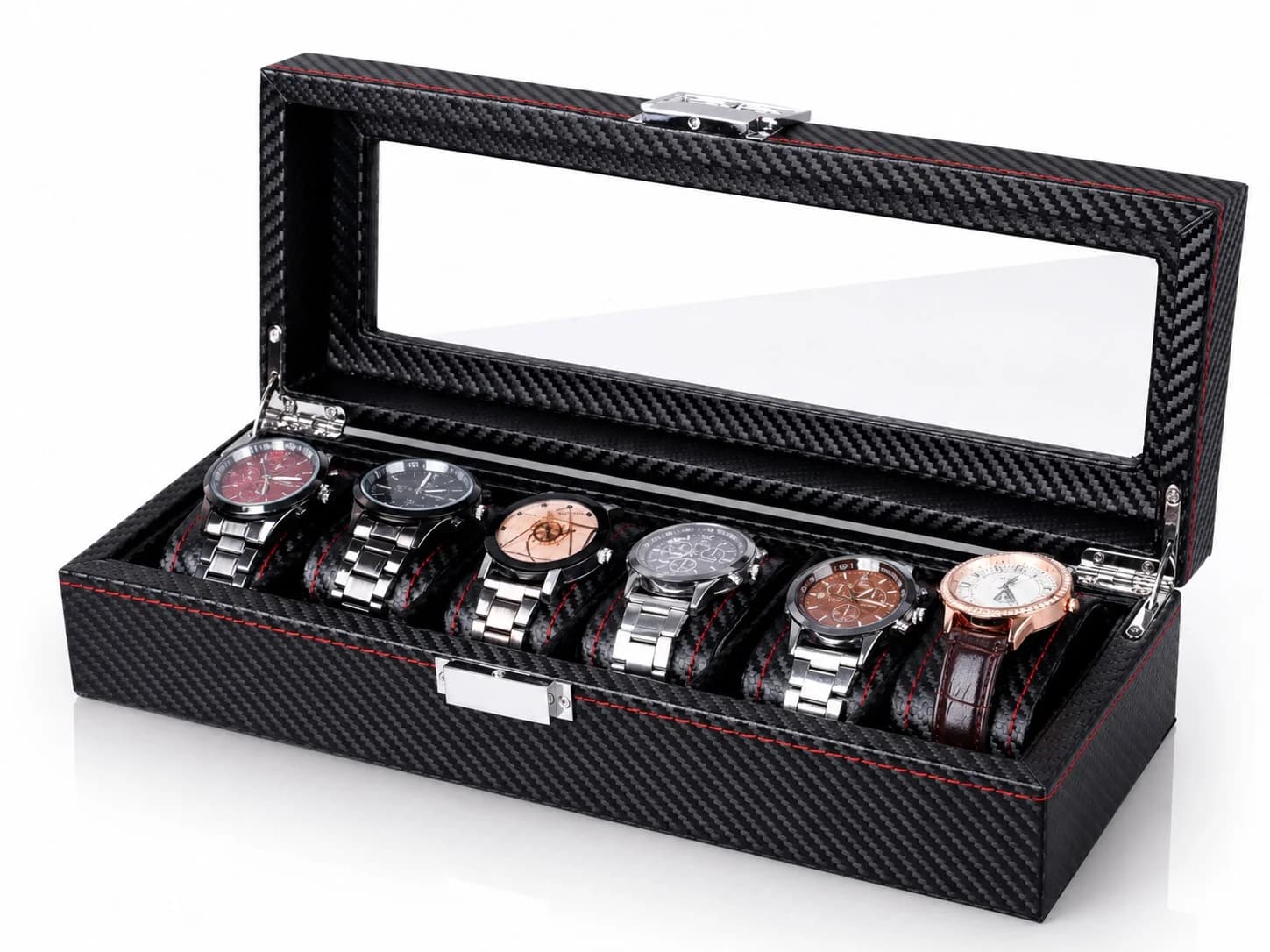 Montre Gasmann 260520-10, boîte à montres effet carbone vitrée 6 places