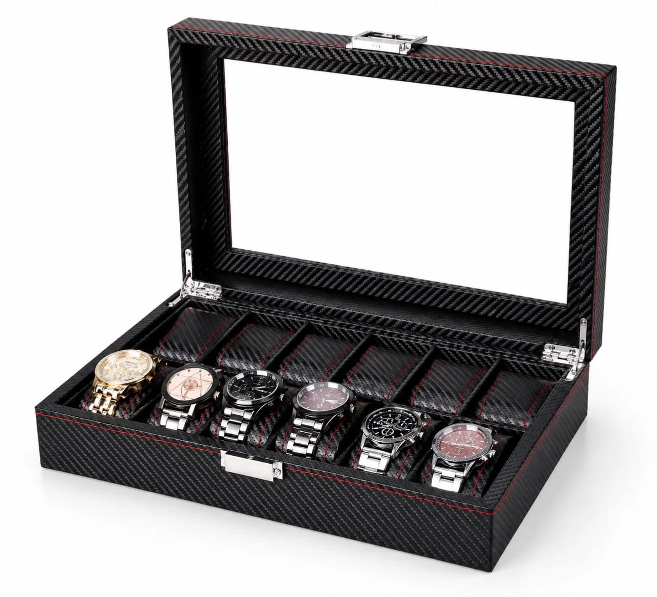 Montre Gasmann 260520-12, boîte à montres effet carbone vitrée 12 places
