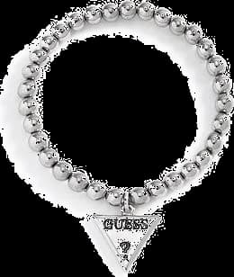 Montre femme Guess 291658-21, bracelet perles acétate argenté, plaque logo
