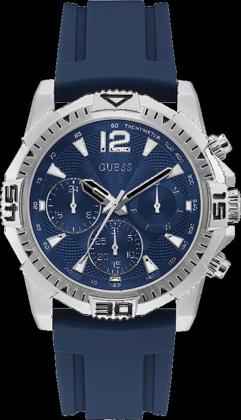 Montre Guess GW0211G1 avec cadran bleu soleil et index argentés sur fond bleu profond