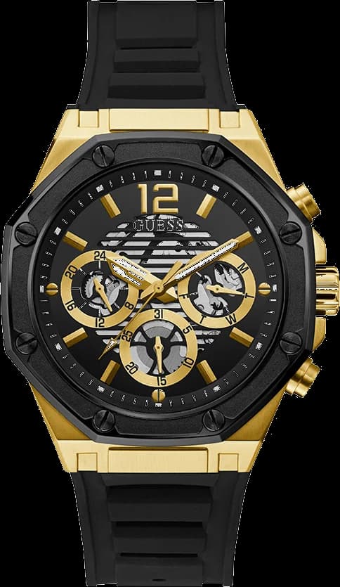 Montre homme Guess GW0263G1, boîtier 44mm or cadran noir silicone