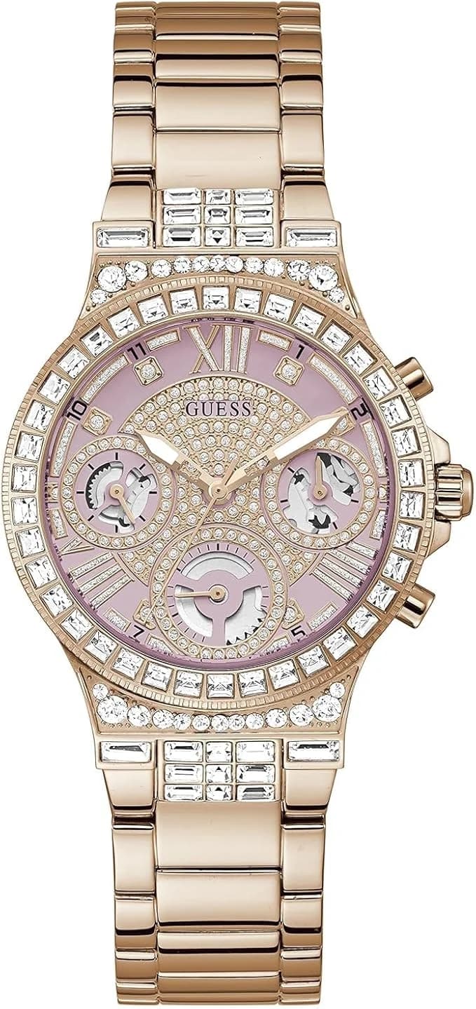 Montre femme Guess GW0320L6, boîtier orné cristaux, bracelet or rose