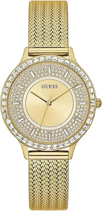 Montre femme Guess GW0402L2, boîtier doré serti de cristaux, maille milanaise