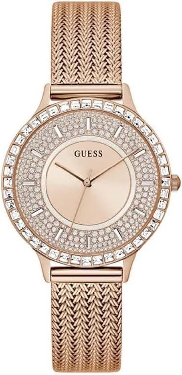 Montre femme Guess GW0402L3, boîtier or rose serti de cristaux, maille milanaise