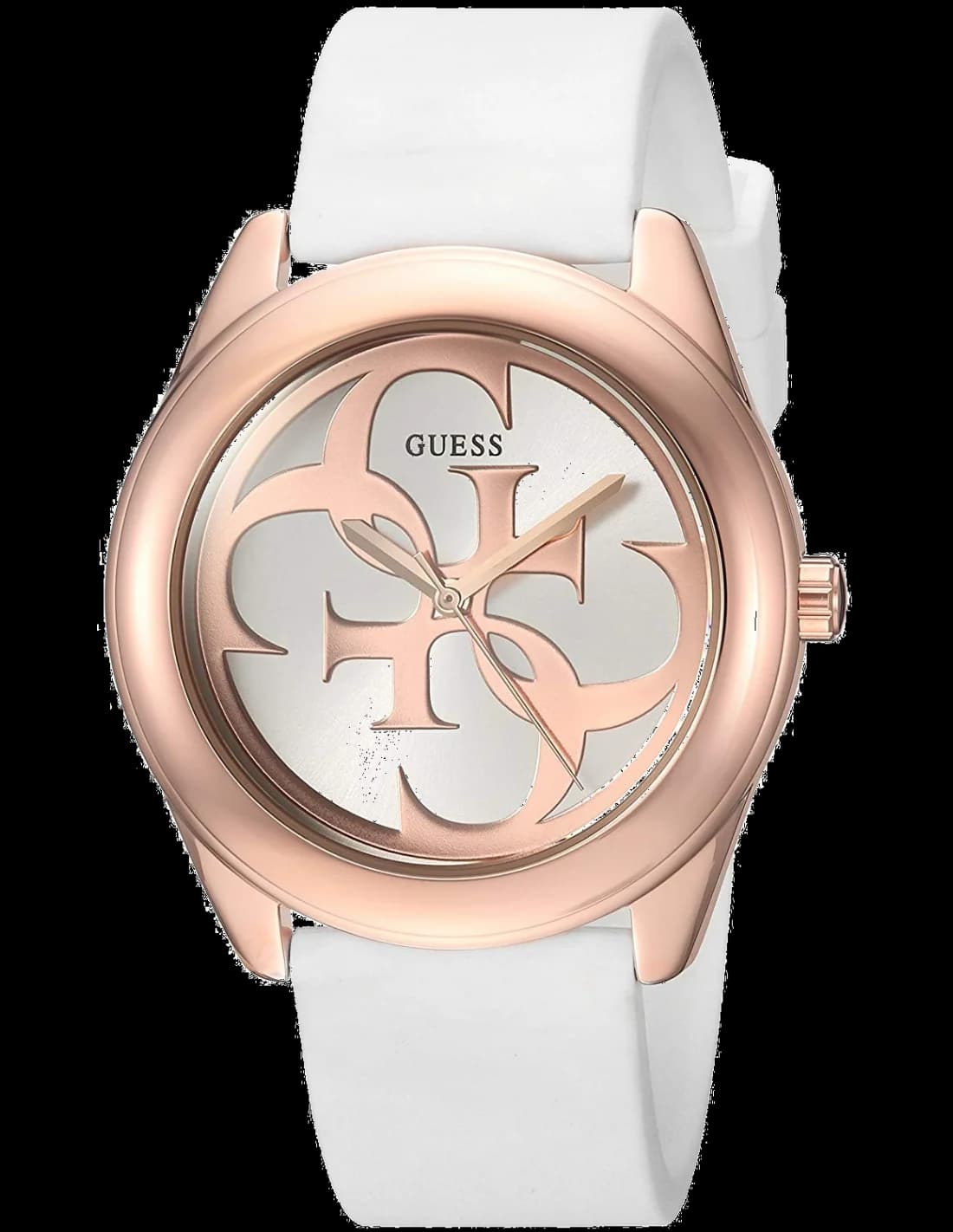 Montre femme Guess W0911L5, cadran blanc avec bracelet silicone et logo cristaux dorés