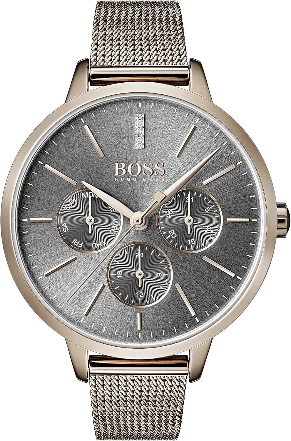 Montre femme Hugo Boss 1502424, cadran noir, bracelet acier doré or rose