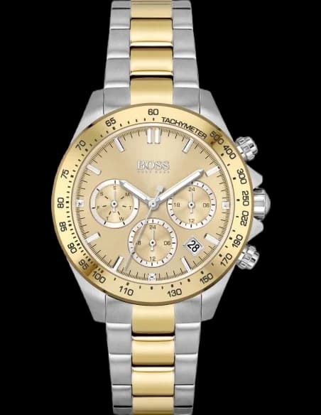 Montre femme Hugo Boss 1502618, marron, acier bicolore argent et or, index marqués