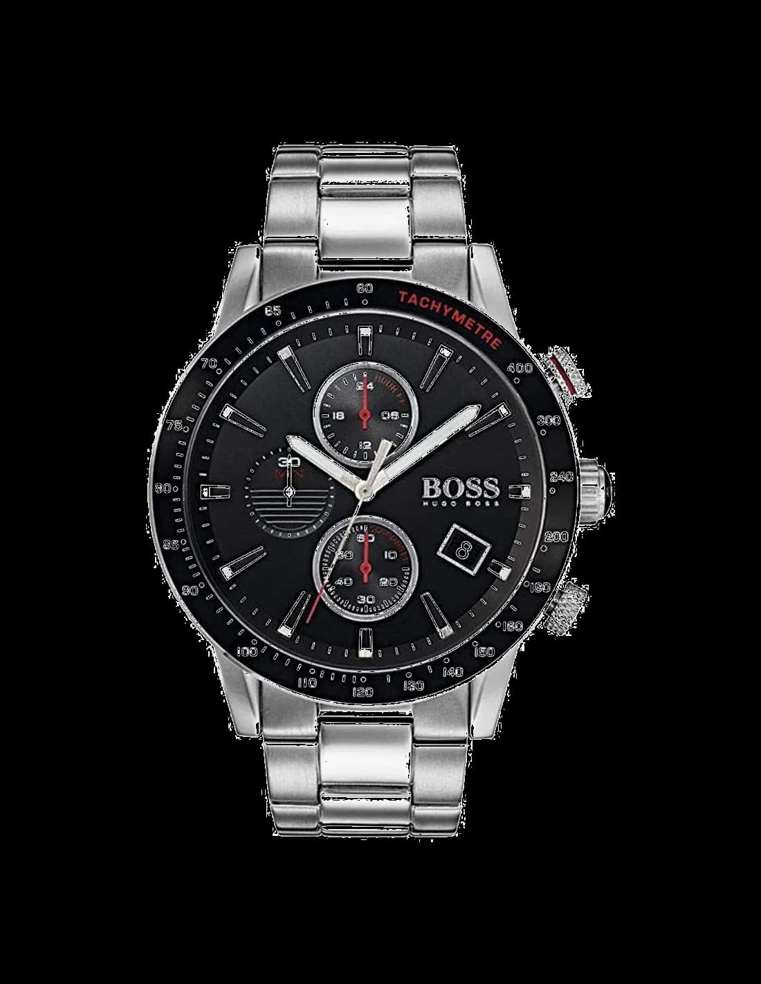 Montre Hugo Boss 1513509 au cadran noir et rouge sur fond argenté, style moderne et sportif
