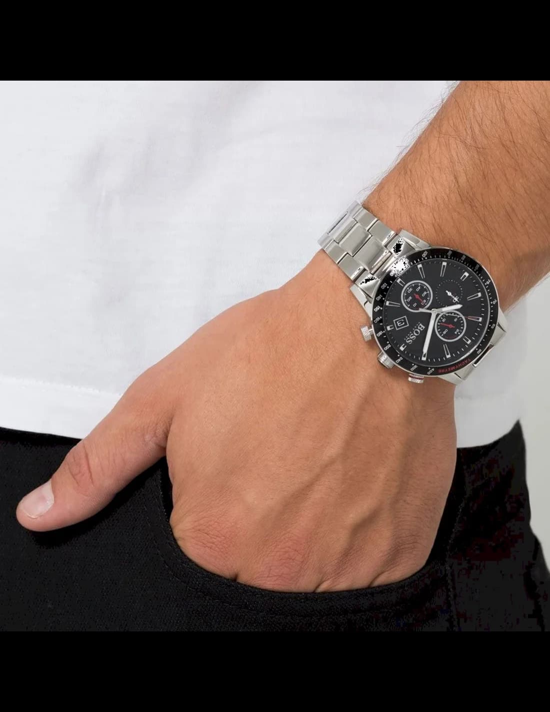 Boîtier Hugo Boss 1513509 rond en acier poli-brossé de 42mm, lunette fine, profil élégant et finition soignée