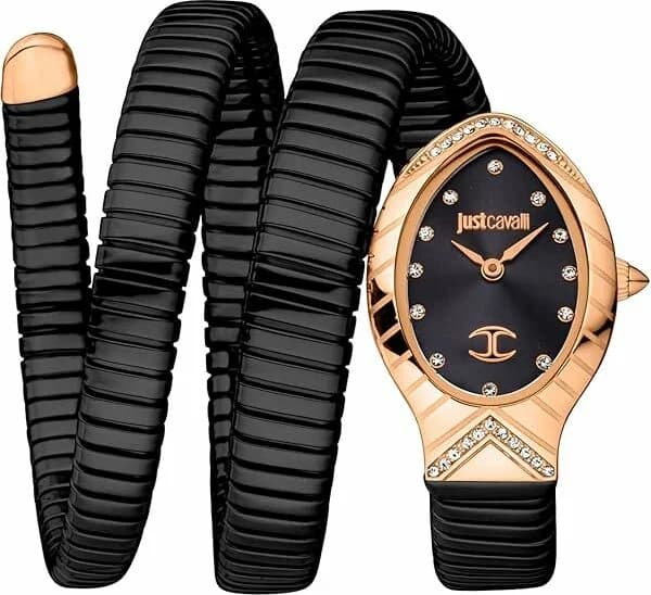 Montre femme Just Cavalli JC1L248M0085, cadran noir motif serpent, bracelet acier bicolore
