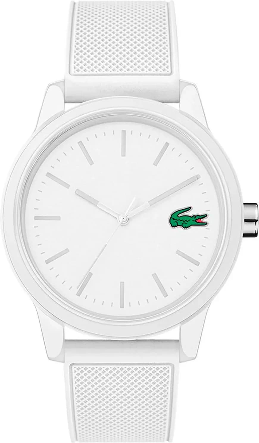 Montre Lacoste 2010984 affichant un cadran blanc minimaliste avec index noirs et aiguilles fines, style sport chic