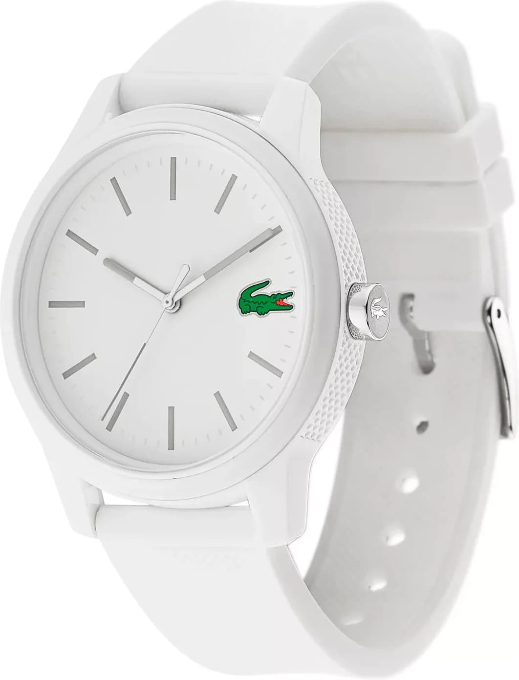Cadran Lacoste 2010984 blanc épuré aux index bâtons noirs et aiguilles trèfle, date à 3h, logo crocodile
