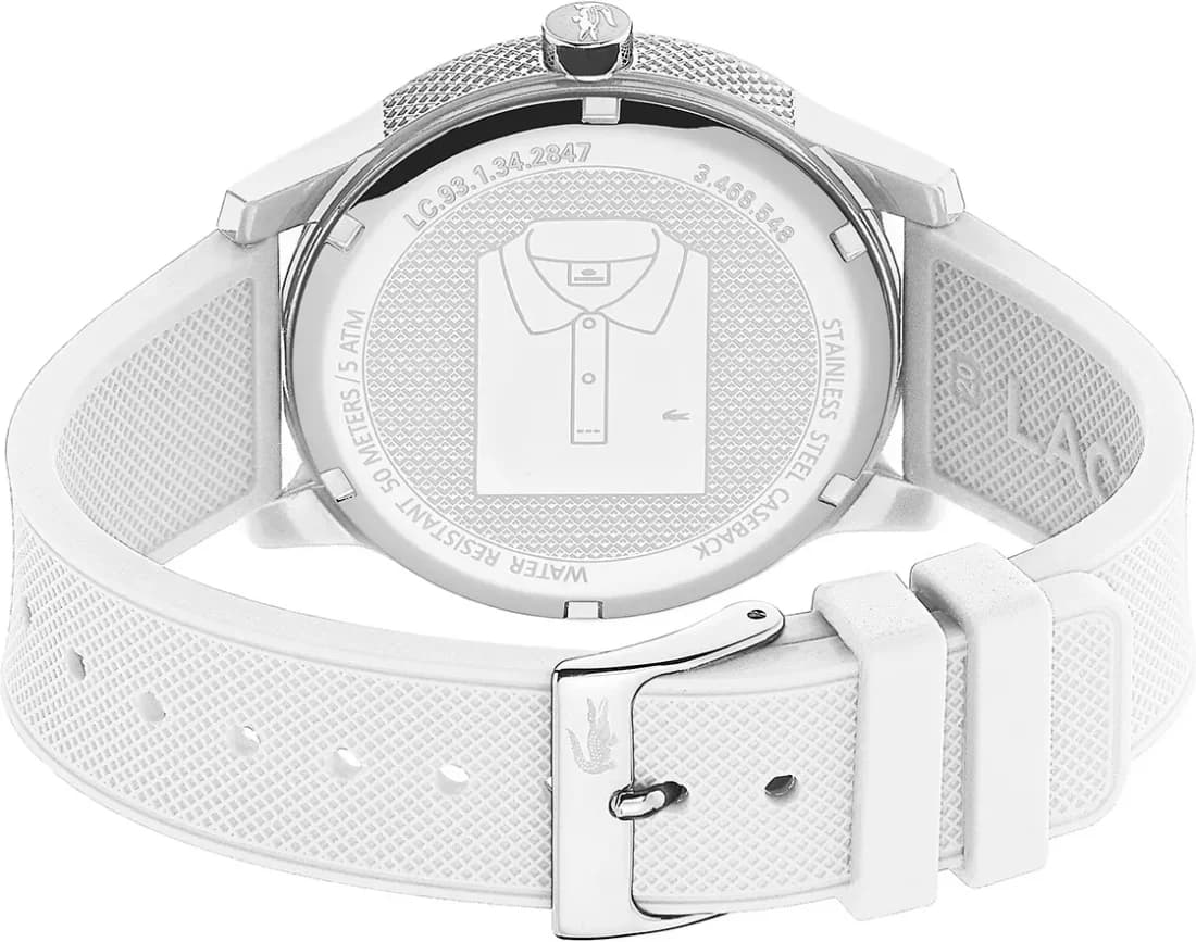 Bracelet Lacoste 2010984 en silicone blanc souple et résistant, boucle ardillon en acier brossé, ajustable