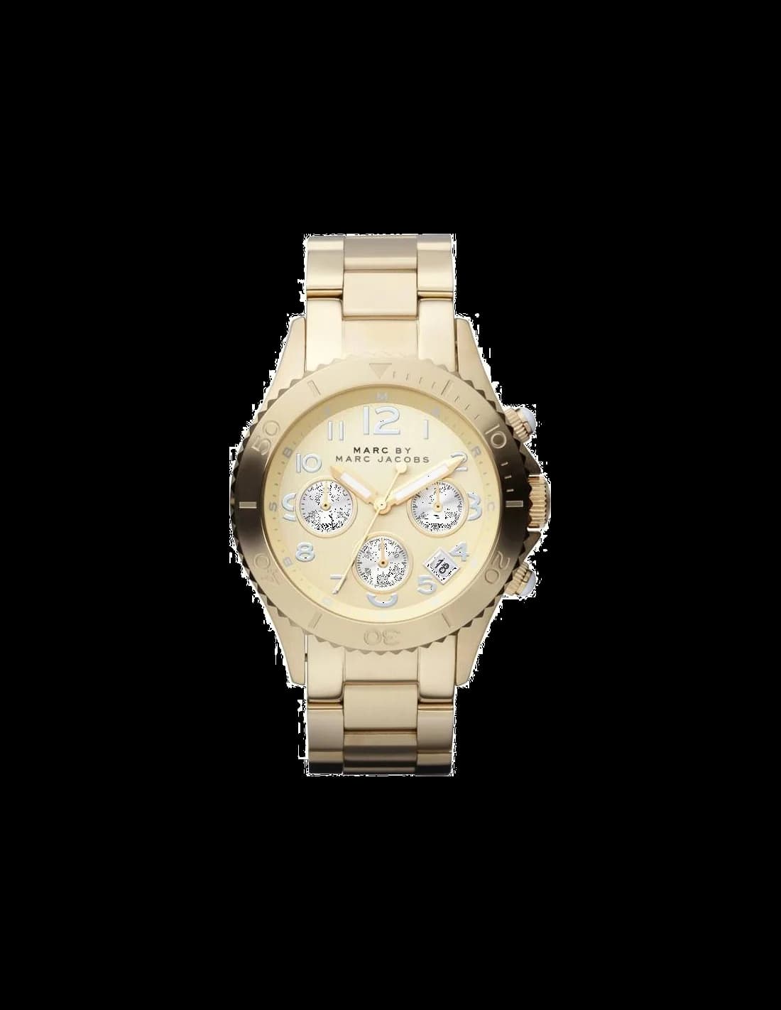 Montre Marc Jacobs MBM3188 au cadran noir avec index dorés et aiguilles luminescentes, style sport chic