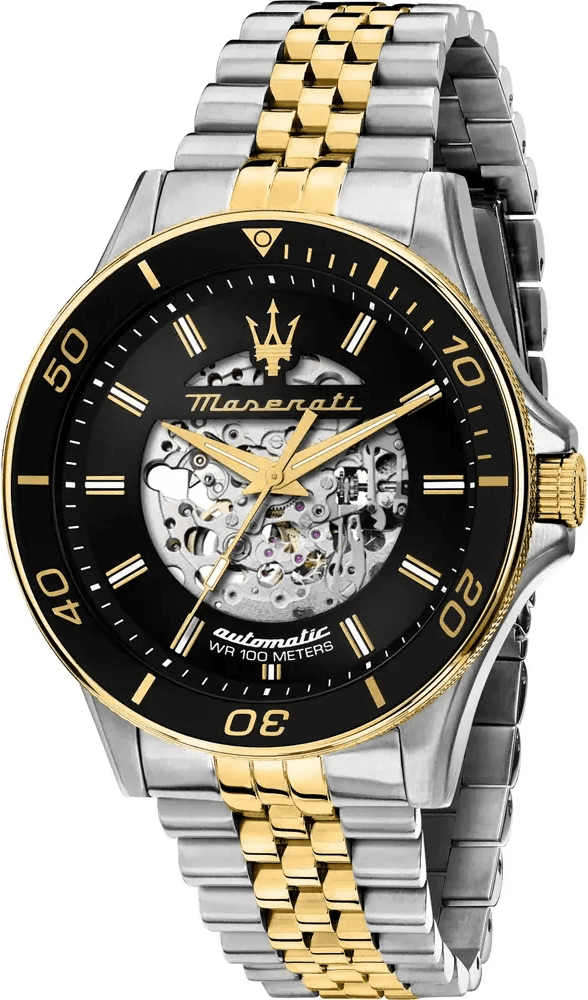 Montre homme Maserati R8823140010, automatique skeleton cadran noir bracelet acier bicolore
