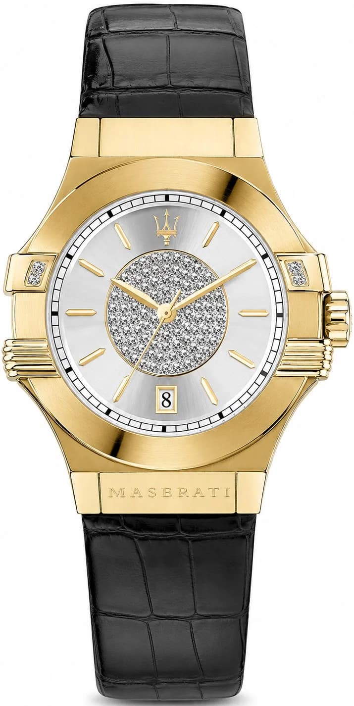 Montre femme Maserati R8851108505, cadran argenté, bracelet cuir noir, féminin