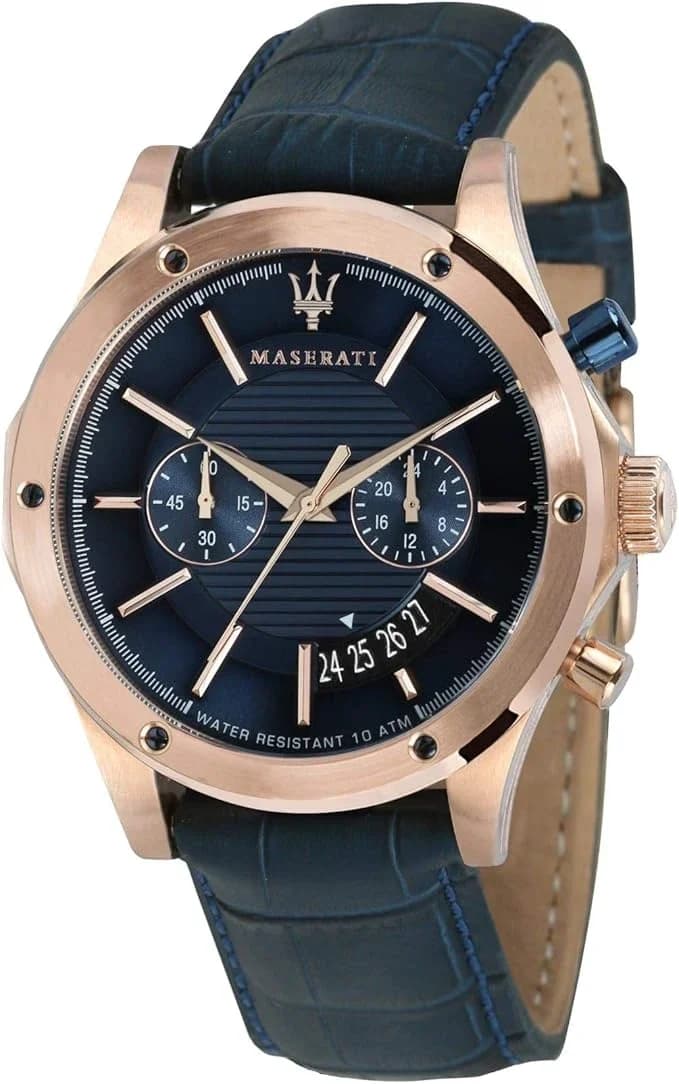 Montre homme Maserati R8871627002, cadran bleu, bracelet cuir, allure élégante