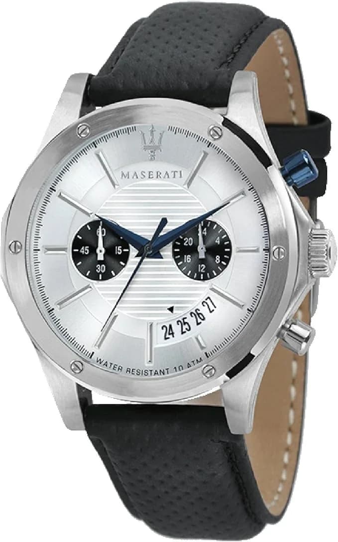 Montre homme Maserati R8871627005, cadran argenté, bracelet cuir noir, style sport