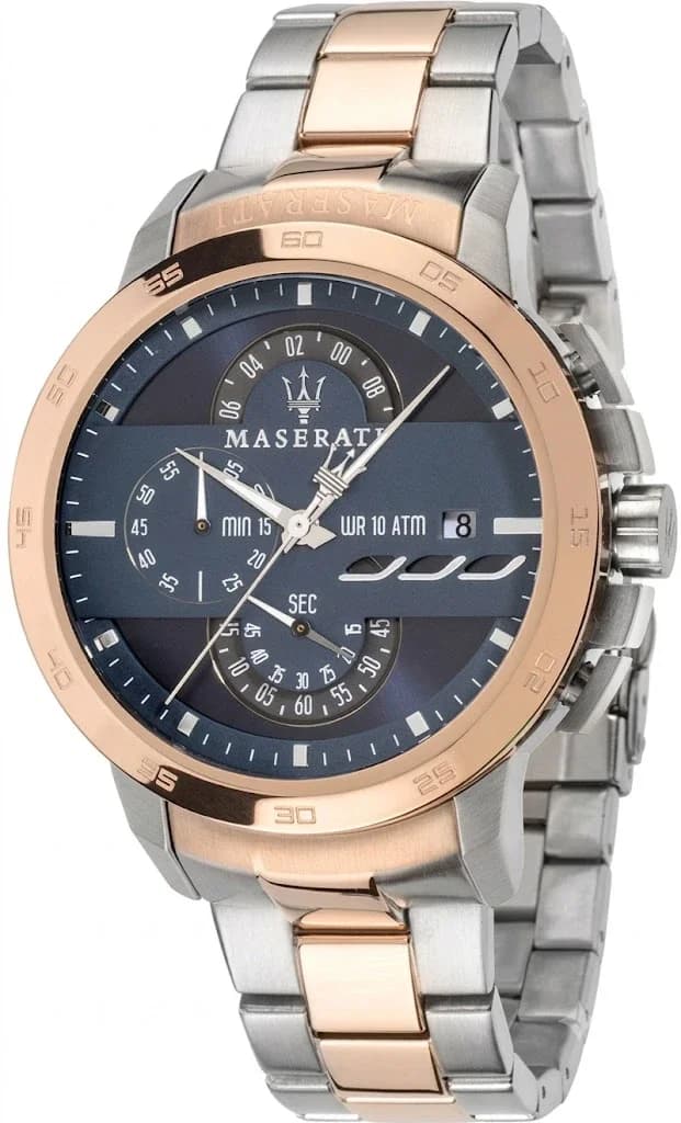 Montre homme Maserati R8873619002, cadran bleu, bracelet bi-ton or rose et argent