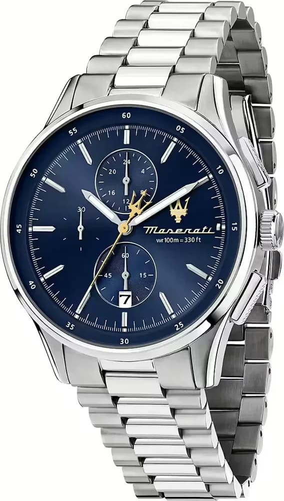 Montre homme Maserati R8873624004, au cadran bleu soleillé et bracelet acier