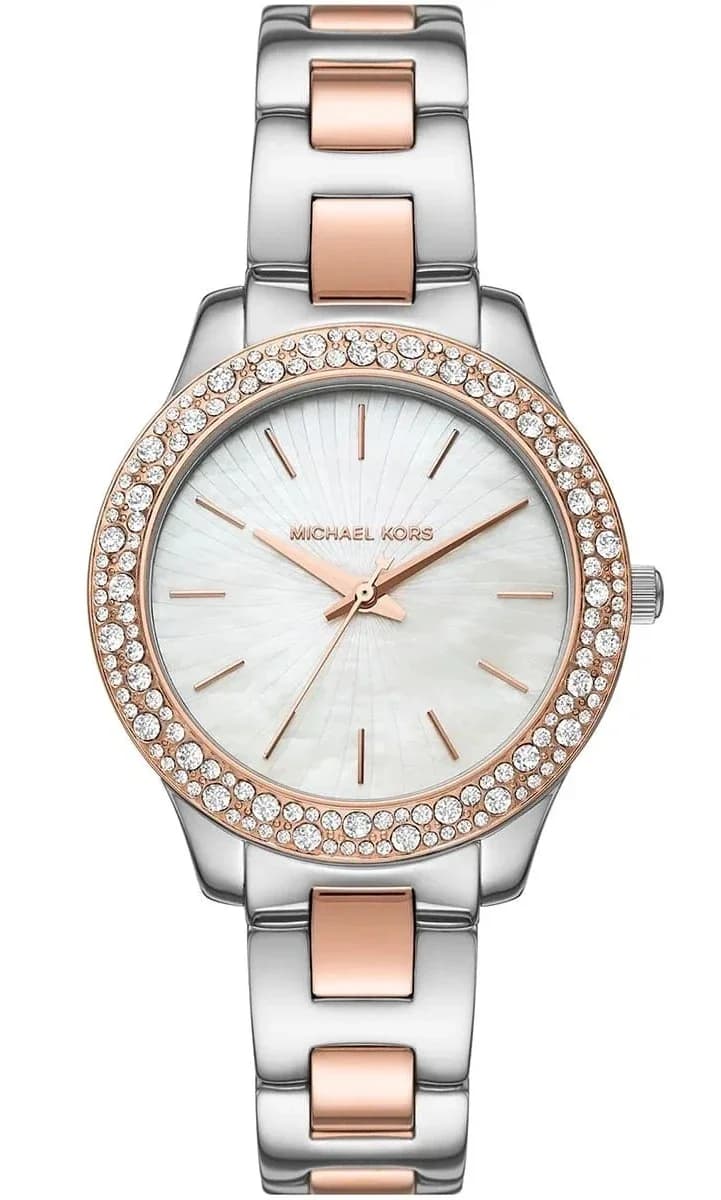Montre femme Michael Kors MK1048, sur cadran blanc et bracelet acier bicolore
