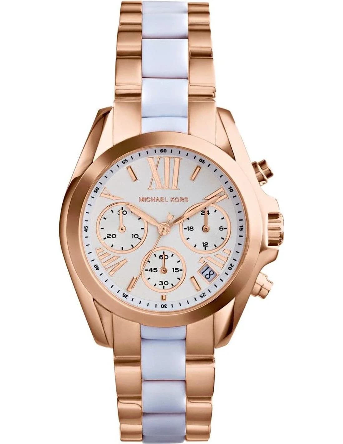 Montre femme Michael Kors MK5907, cadran blanc, acier rose gold et acétate blanc