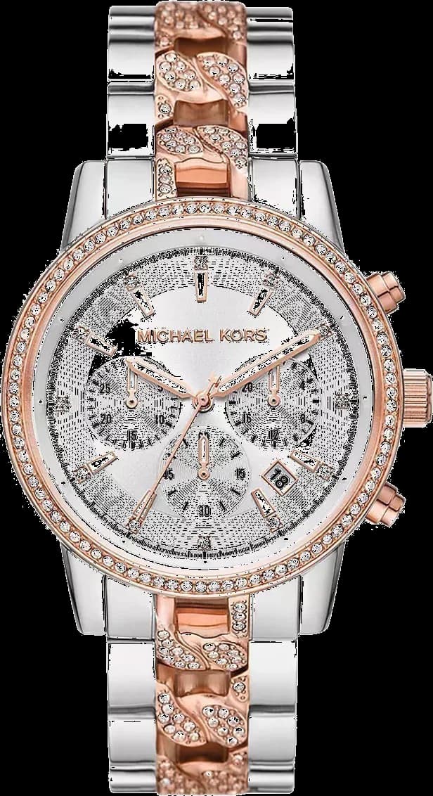 Montre femme Michael Kors MK6938, cadran blanc, bracelet acier bicolore, chronographe