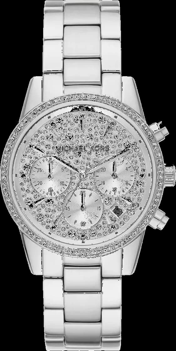 Montre femme Michael Kors MK7301, cadran argent pavé cristaux blancs, bracelet acier