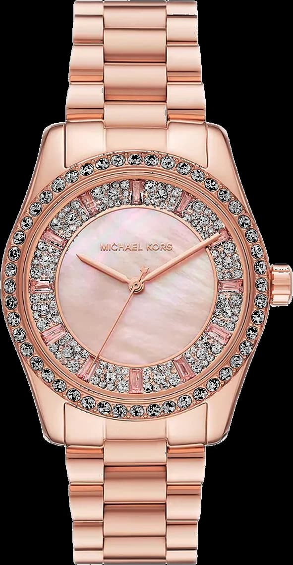 Montre femme Michael Kors MK7444, cadran or rose pavé cristaux, bracelet acier