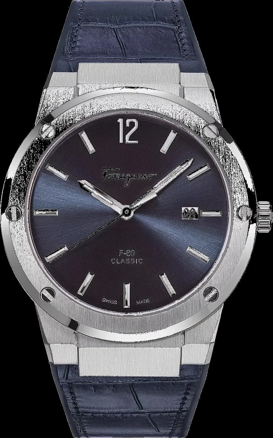 Montre homme Salvatore Ferragamo SFDT00319, cadran bleu avec bracelet silicone crocodile